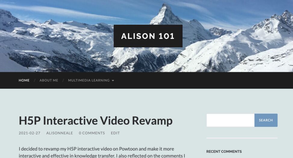 Homepage for Alison\'s blog, with a header image of alpine peaks and the latest blog post \