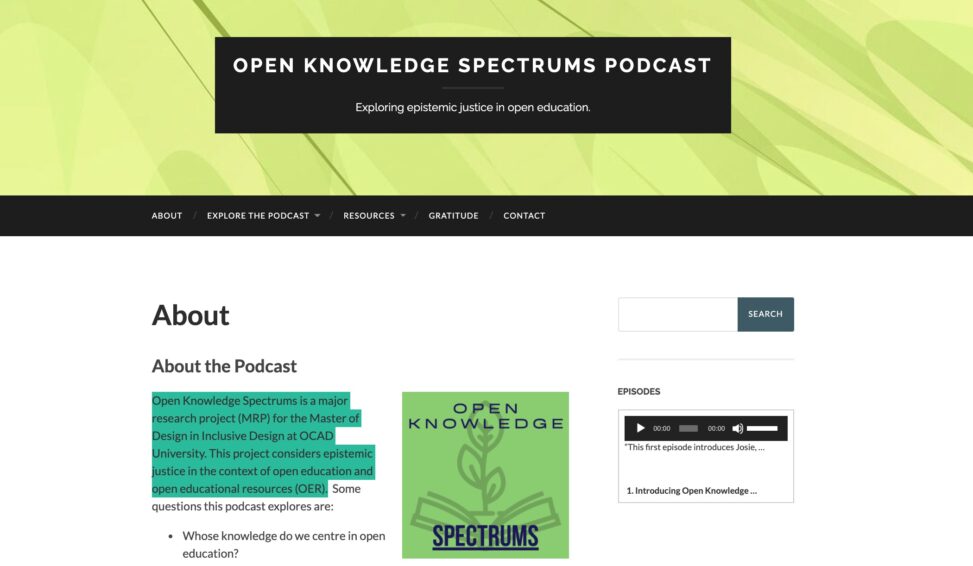 Web site image for The Open Knowledge Spectrums Podcast showing the top of the about information, the logo, and an embedded audio player.