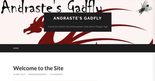 Andastre\'s Gadgly site with text over a stylized graphic showing the profile of a dragon