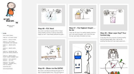 Front page of a web site of hand drawn comic images that features on the left navigation to different categories of responses and the tight has examples of the drawings, each a link to a student\'s back story